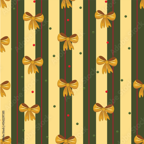 New Year seamless pattern in green and coffee stripes with bows in gold tones