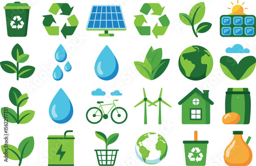 Eco-friendly icon set with renewable energy, recycling, and sustainability symbols vector illustration.