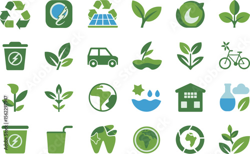 Eco-friendly icon set with renewable energy, recycling, and sustainability symbols vector illustration.