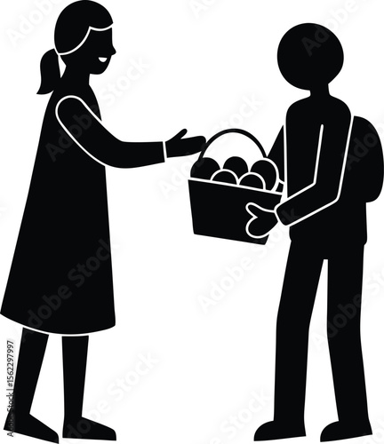 Silhouette of a Street Fruit Vendor Handing Fruit to a Customer – Vector Illustration