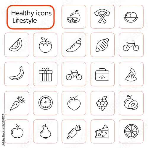 Illustration of various healthy lifestyle icons including food, exercise, and health related symbols design
