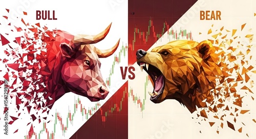 Illustration depicting a bull and a bear facing off, representing the stock market's opposing forces, with fragmented geometric designs.