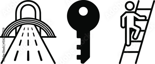 Unlocking success: key to tunnel vision, ladder to climb, achieving goals, vector illustration icons
