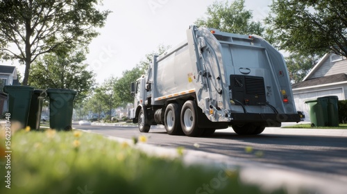 The garbage truck collecting waste in a peaceful suburban neighborhood.
