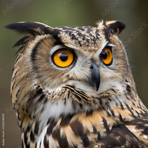 A close-up of an owl with striking yellow eyes and brown patterned feathers