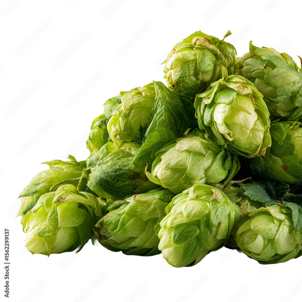 Obraz premium Green Hops Close-up: A vibrant collection of fresh, green hops showcases intricate textures and details, highlighting the natural beauty of brewing ingredients. 