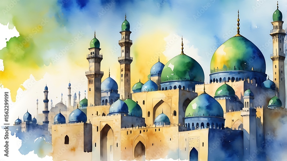 Fototapeta premium A watercolor painting showcases a grand mosque with blue and green domes, surrounded by a sprawling cityscape under a bright sky