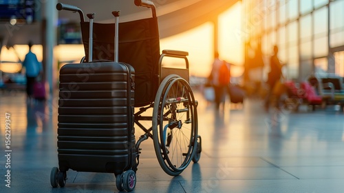 A black wheelchair stands beside a suitcase in a bustling airport, illuminated by a warm sunset glow.