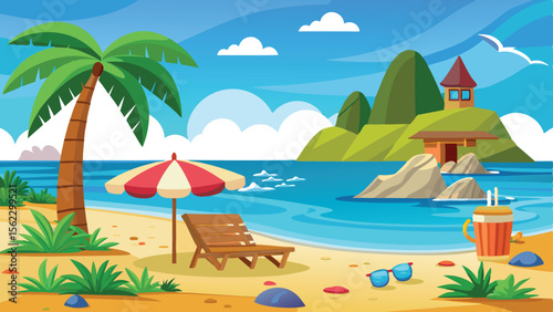 Cartoon Tropical Beach with Palm Tree, Lounger, Umbrella, Drink, and Green Island View