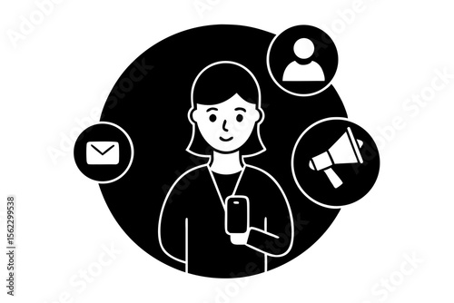 Digital Marketing Woman Icon – Social Media, Communication, Promotion Concept Illustration