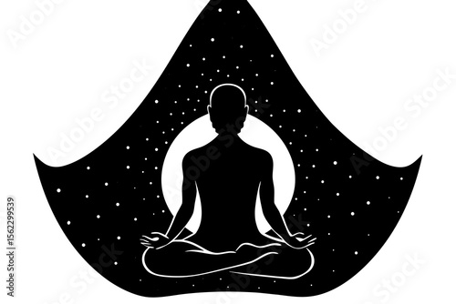 Meditation Silhouette Icon – Yoga Pose with Cosmic Background for Mindfulness and Wellness Designs