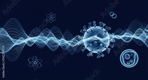 Microscopic visualization of viral particles and sound waves representing biological data in a digital environment