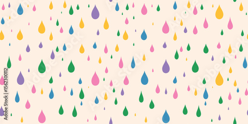 Funky kids seamless vector pattern with colorful rain drops on white background. Playful water droplets in pink, green, blue, yellow, purple. Cheerful repeated design for nursery, textile, wallpaper