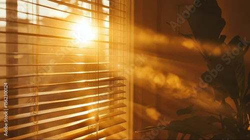 Sunlight streaming through blinds illuminating indoor plants  