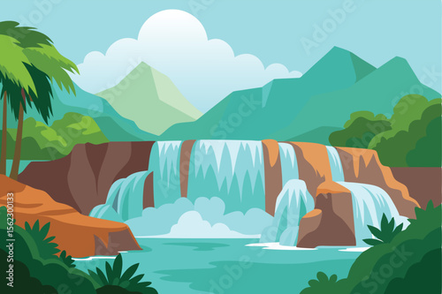 Serene Waterfall Landscape Lush Greenery, Majestic Mountains, Cascading Water
