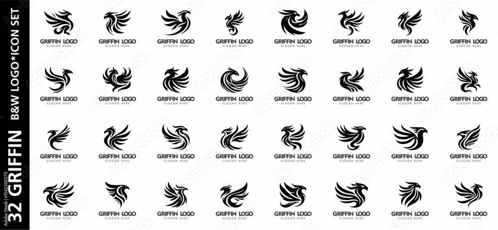 Fototapeta premium Collection of 32 black and white griffin logo icons in minimal vector style. Perfect for fantasy branding, heraldic symbols, and creative identity.