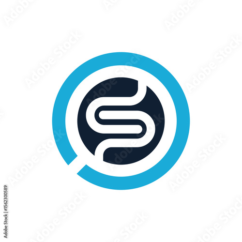 A bold circular logo with a bright blue outer ring and a dark blue inner circle containing a stylized white "S" resembling a circuit path