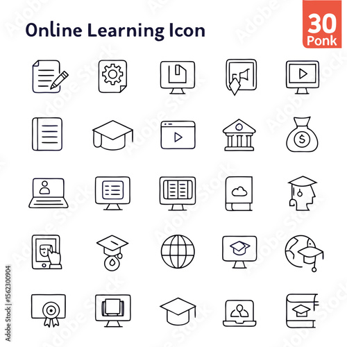 Collection of online learning icons including document, gear, computer, book, graduation cap and globe icons
