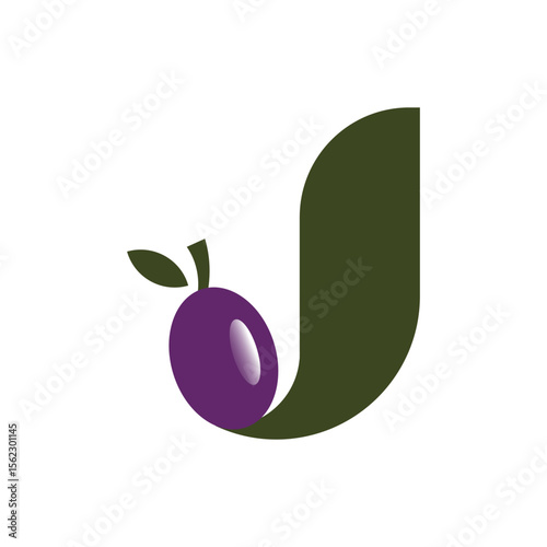 A dark green abstract shape with a smooth, continuous curve, resembling a stylized "J," with a purple plum or olive fruit and leaves at its base