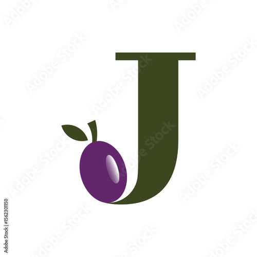 A dark green capital letter "J" with a vibrant purple plum or olive fruit with leaves integrated into its base