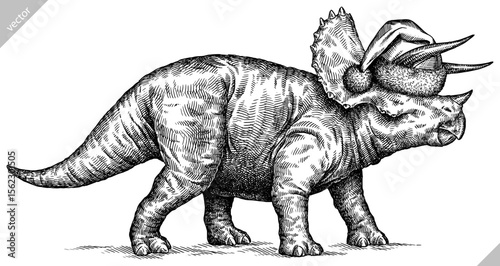 Vintage engraving isolated Triceratops set dressed christmas illustration reptile ink santa costume sketch. Dinosaur background silhouette Jurassic new year hat art. Hand drawn vector image