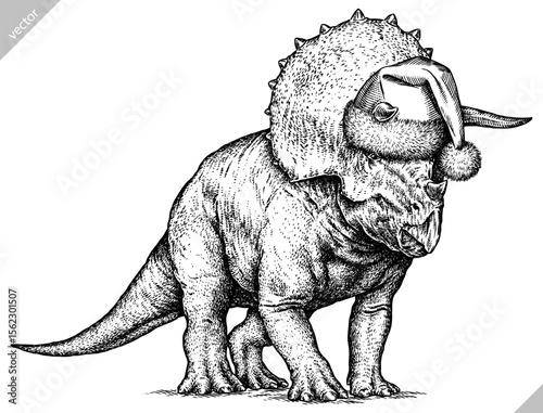 Vintage engraving isolated Triceratops set dressed christmas illustration reptile ink santa costume sketch. Dinosaur background silhouette Jurassic new year hat art. Hand drawn vector image
