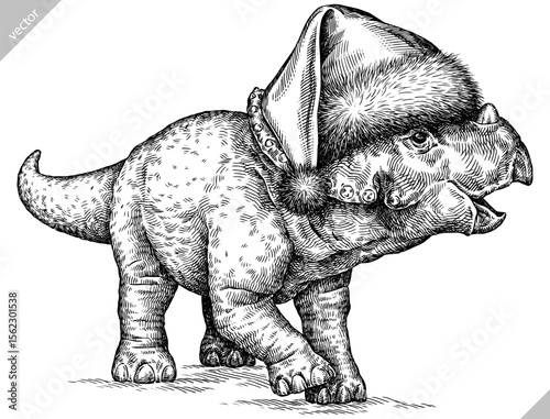 Vintage engraving isolated Triceratops set dressed christmas illustration reptile ink santa costume sketch. Dinosaur background silhouette Jurassic new year hat art. Hand drawn vector image
