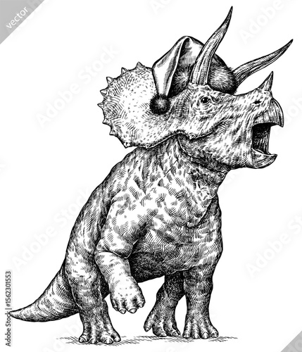 Vintage engraving isolated Triceratops set dressed christmas illustration reptile ink santa costume sketch. Dinosaur background silhouette Jurassic new year hat art. Hand drawn vector image