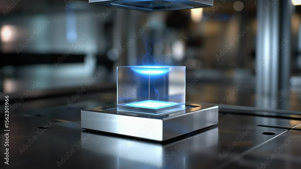 Futuristic hologram projection technology with blue light glowing inside modern laboratory featuring metallic surfaces and transparent cube design