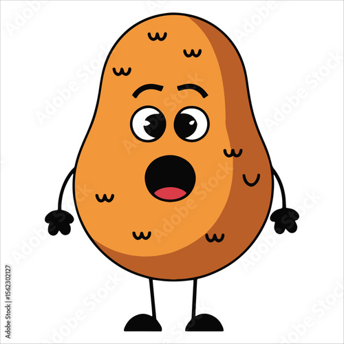 Shocked potato cartoon character with wide eyes and open mouth. Cute exaggerated expression vector illustration perfect for reaction memes and food themed storytelling.