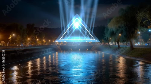 Futuristic blue hologram pyramid glowing above river water at night with reflections, city lights, and mysterious light creating stunning atmosphere