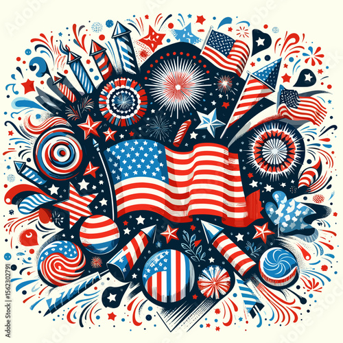 Patriotic Independence Day celebration illustration with American flags, fireworks, and festive symbols