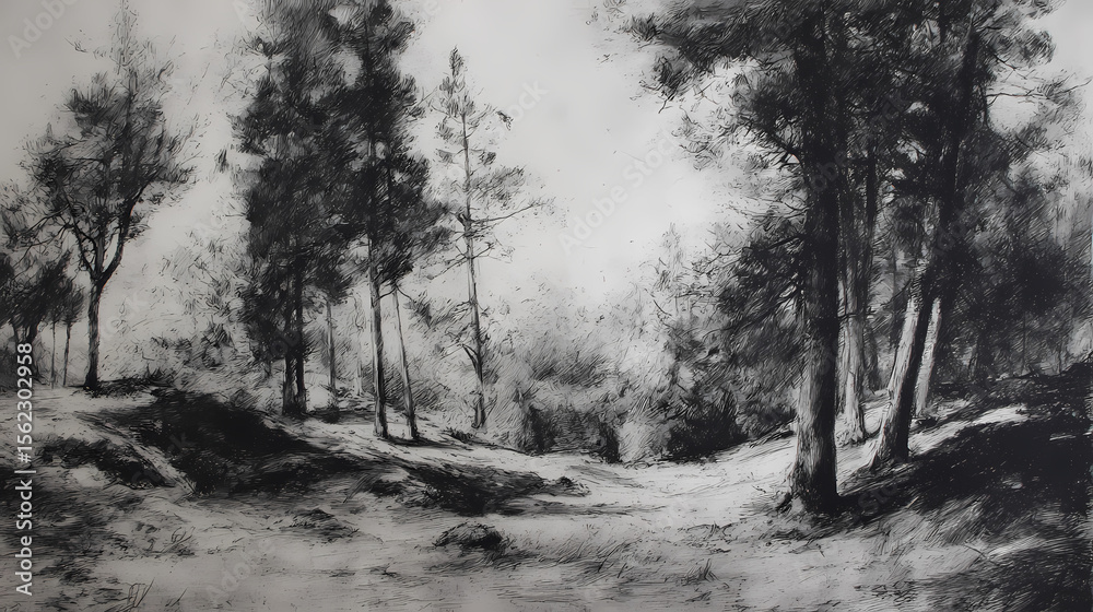 Fototapeta premium branding image for botanical observatory | resistance of ancient bark | seasonal decay | silvery graphite scale | open glade framing | wind-shaped pine tops | moss-like texture rendering | crosshatch