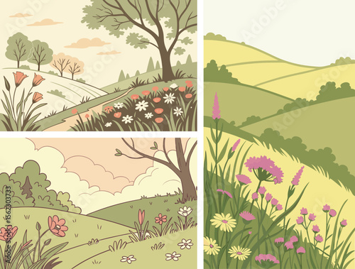 Vibrant flower meadow in full bloom during spring, with colorful wildflowers and lush green grass under bright, sunny skies, symbolizing renewal and natural beauty