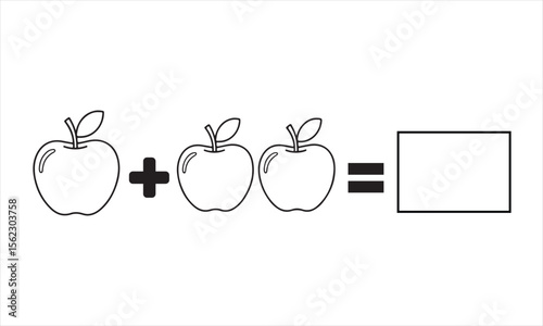 Black and white apple addition equation with blank box for answer on white background