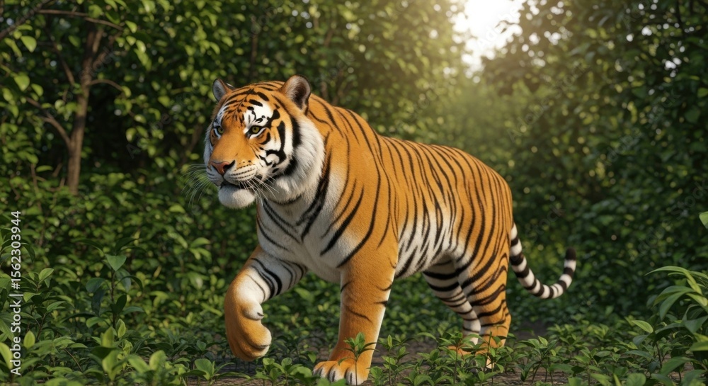 Obraz premium Majestic Tiger Walks Through Lush Green Forest During Sunrise