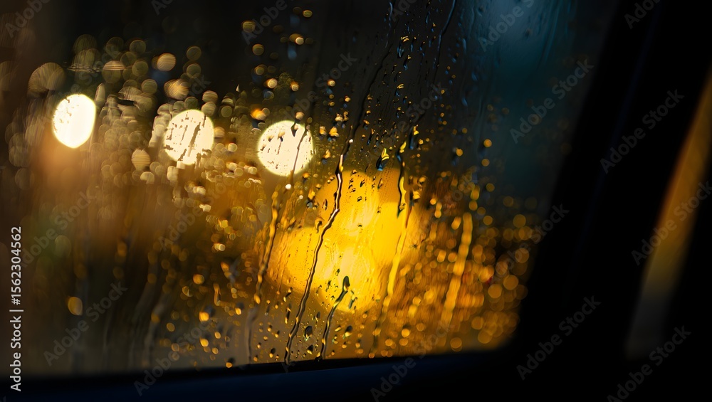 Obraz premium Raindrops on a window with blurred city lights creating a bokeh effect at night