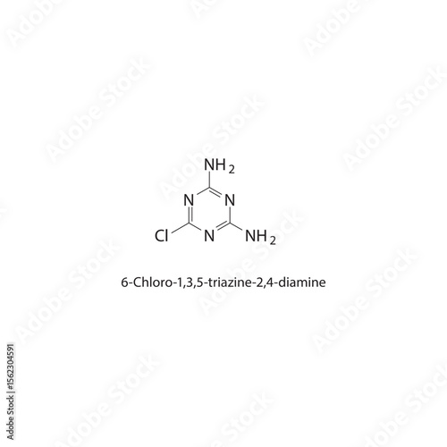 6-Chloro-1,3,5-triazine-2,4-diamine skeletal structure. Halogenated triazine derivative compound schematic illustration. Simple diagram, chemical formula.