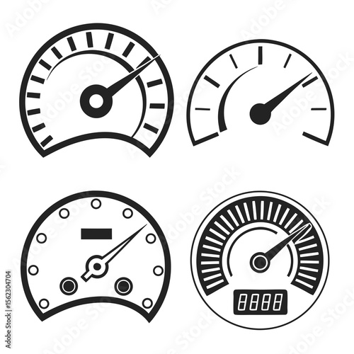 Speedometer, gauge vector collection. Black icons for speed, performance, pressure. Ideal for vehicle dashboard design, apps, websites. Editable stroke