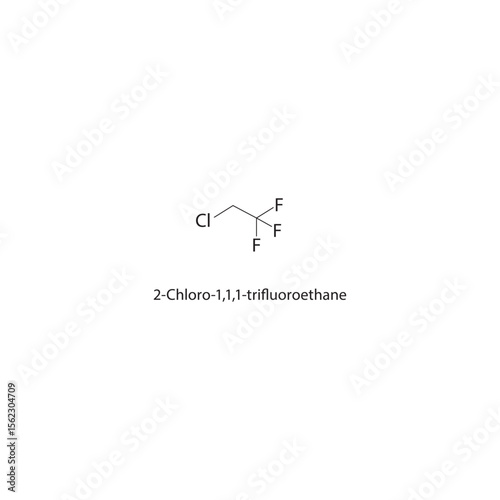 2-Chloro-1,1,1-trifluoroethane skeletal structure. Halofluorocarbon compound schematic illustration. Simple diagram, chemical formula.