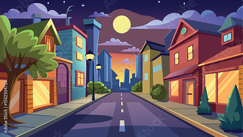 Cartoon Cityscape at Night Buildings, Streetlights, Moon, and Skyline Illustration