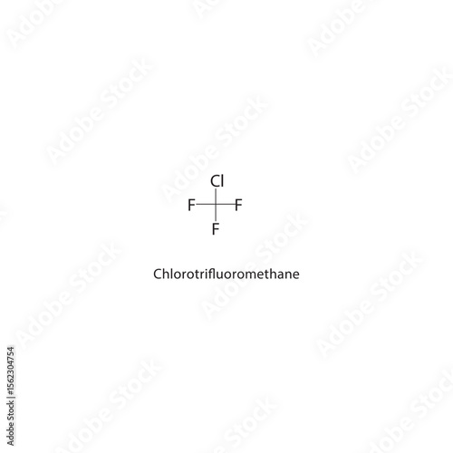 Chlorotrifluoromethane skeletal structure. Halofluorocarbon compound schematic illustration. Simple diagram, chemical formula.