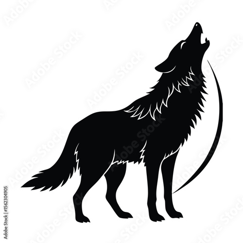 Howling wolf silhouette with crescent moon