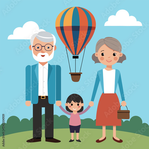 Grandparents, grandchild, hot air balloon adventure illustration