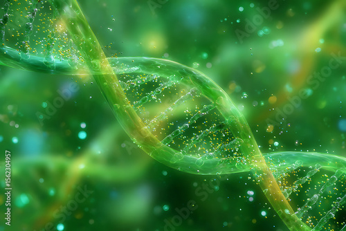 Vibrant green helical strands with glowing particles