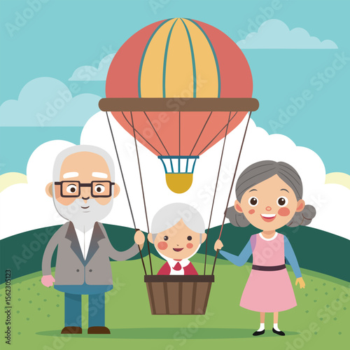Grandparents and Grandchild on a Hot Air Balloon Adventure A Whimsical Illustration