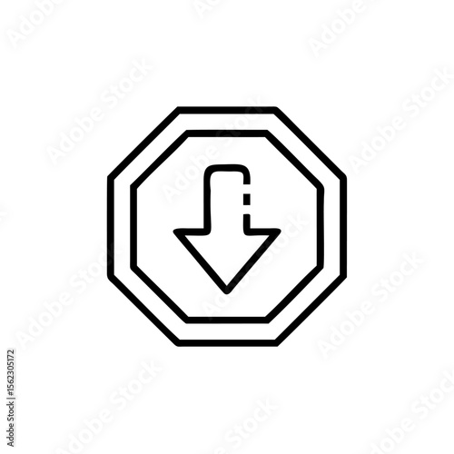 Road sign with a downward arrow inside an octagon shape on a direction