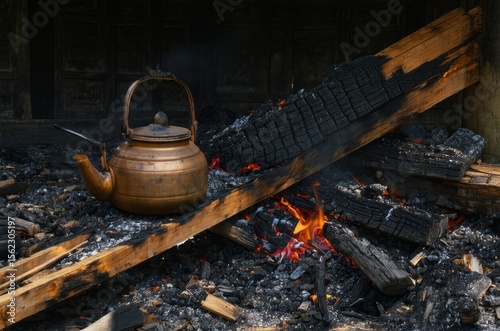 Old copper kettle sitting in the embers and burnt wood of an extinguished campfire