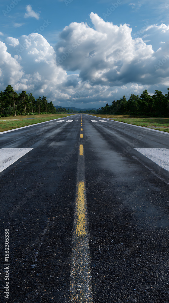 Fototapeta premium Wet asphalt runway with yellow lines and clouds airport