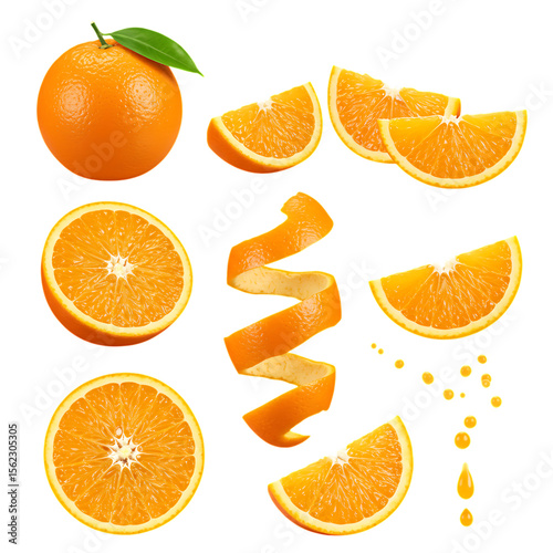 Fresh citrus fruit, ripe oranges and tangerines  Spiral orange peel slices juice splash